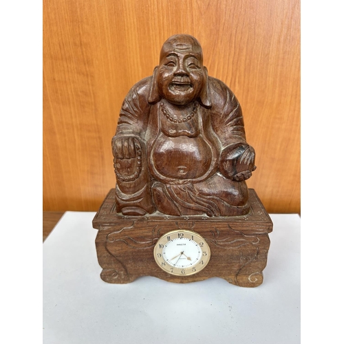 592 - Carved Laughing Buddha Figure with Bottom Clock