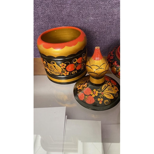 173 - Collection of Vintage Gold, Orange and Black Russian Fold Art Lacquered Wooden Vessels & Spoons Incl... 