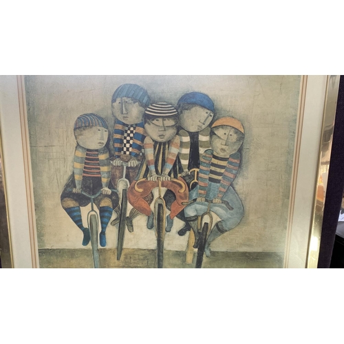 74 - Graciela Rodo Boulanger (1935) 'Bicycle Riders' Colored Print Framed, Signed (80 x 76cm)