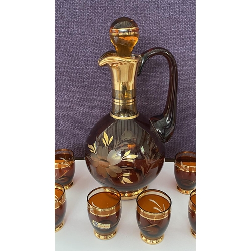 78 - Vintage Hand Made Bohemian Crystal Decanter and x6 Shot Glasses, Dark Amber and Gold Etched