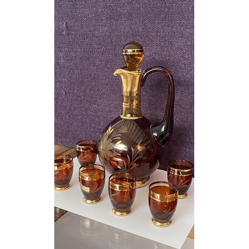 78 - Vintage Hand Made Bohemian Crystal Decanter and x6 Shot Glasses, Dark Amber and Gold Etched