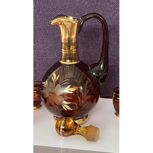 78 - Vintage Hand Made Bohemian Crystal Decanter and x6 Shot Glasses, Dark Amber and Gold Etched