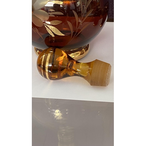 78 - Vintage Hand Made Bohemian Crystal Decanter and x6 Shot Glasses, Dark Amber and Gold Etched