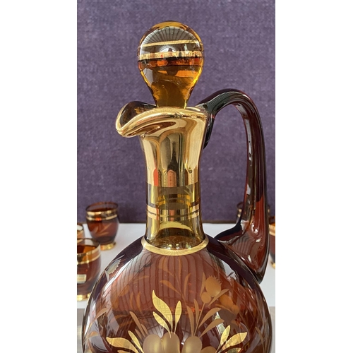 78 - Vintage Hand Made Bohemian Crystal Decanter and x6 Shot Glasses, Dark Amber and Gold Etched