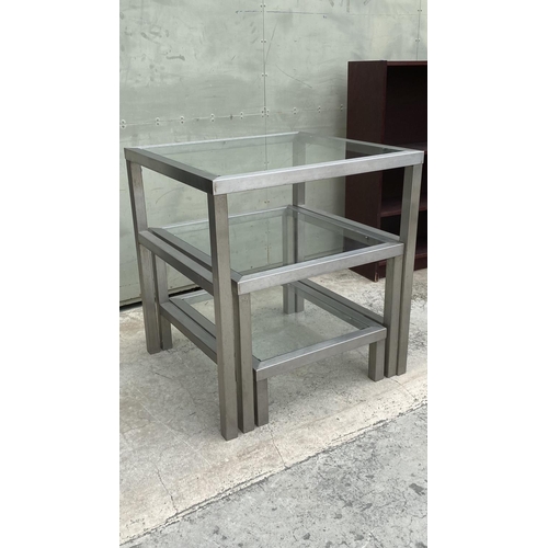 85 - Commercial Heavy Duty Nesting Tables in Brushed Aluminium and Glass (75 W. x 70 D. x 80cm H. Largest... 