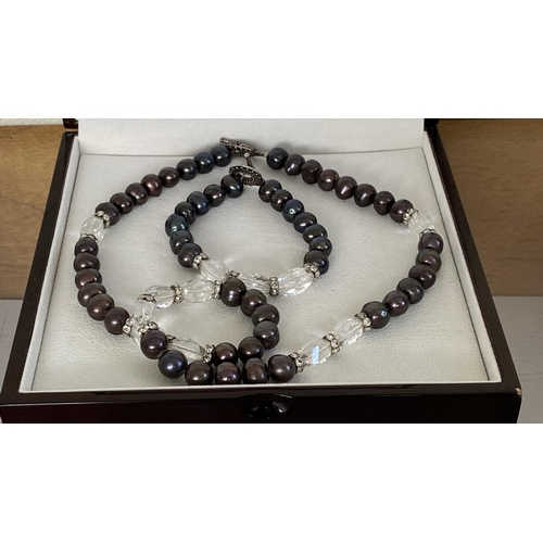 209 - Real Black Freshwater Pearl Set of Necklace and Bracelet