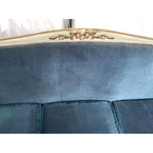 586 - Antique French Louis XVI Style White 3-Seat Sofa Upholstered in Blue Velvet (170cm W.)