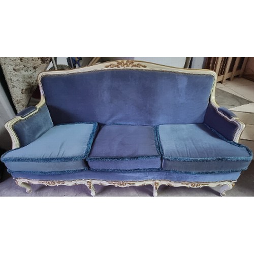 586 - Antique French Louis XVI Style White 3-Seat Sofa Upholstered in Blue Velvet (170cm W.)