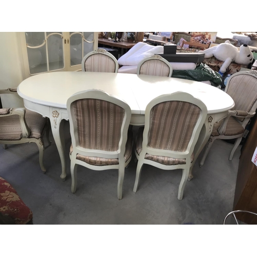 587 - Antique French Louis XVI Style White Extendable Dining Table with 6 Matching Chairs Upholstered in S... 