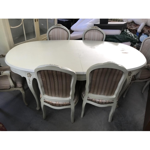 587 - Antique French Louis XVI Style White Extendable Dining Table with 6 Matching Chairs Upholstered in S... 