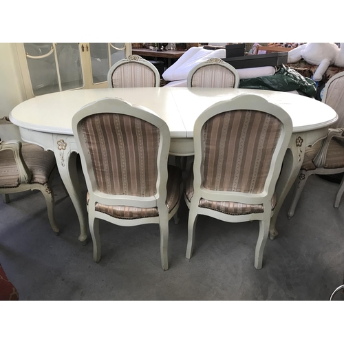 587 - Antique French Louis XVI Style White Extendable Dining Table with 6 Matching Chairs Upholstered in S... 