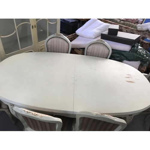 587 - Antique French Louis XVI Style White Extendable Dining Table with 6 Matching Chairs Upholstered in S... 