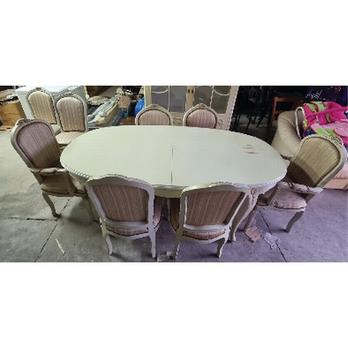 587 - Antique French Louis XVI Style White Extendable Dining Table with 6 Matching Chairs Upholstered in S... 