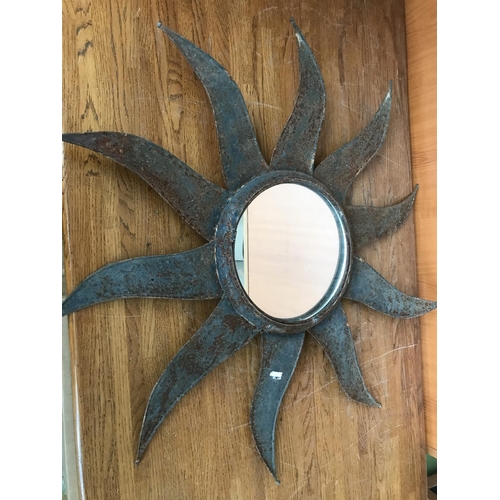 56 - Vintage Greek Rusty Metal Wall Art Sun Mirror (74cm Diameter)