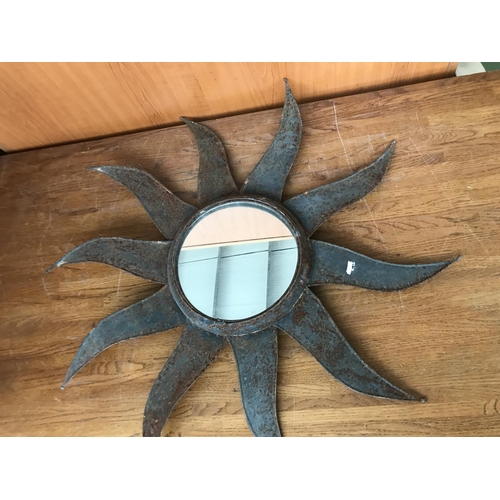 56 - Vintage Greek Rusty Metal Wall Art Sun Mirror (74cm Diameter)