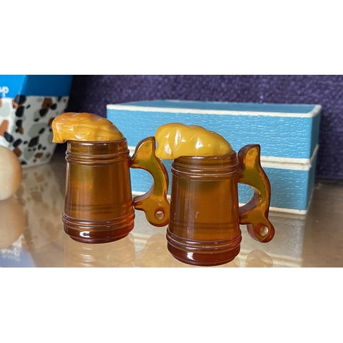 47 - Vintage Calcite Hand Carved Decorative Pigs and Pair of Rare Find Baltic Amber Beer Pitchers