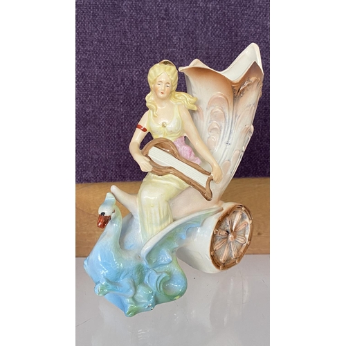 59 - Antique German Porcelain Cornucopia Vase-Figure of Girl Pulled by Phoenix