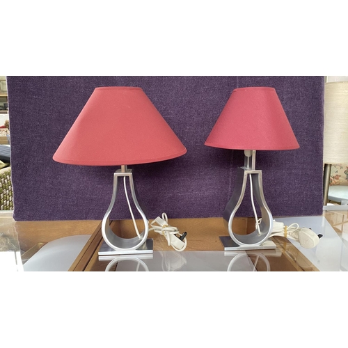 11 - x2 'Ikea' Klabb Modern Burgundy Table Lamps with Silver Pear-Shaped Aluminium Base (38cm H./each)