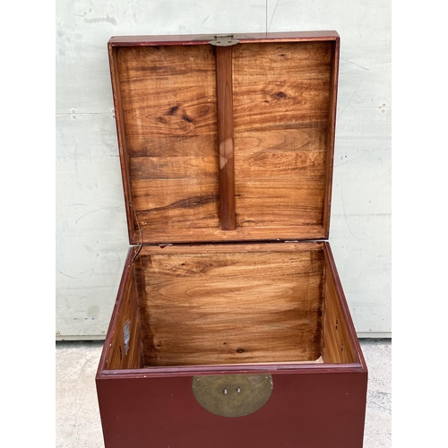 31 - Large Vintage Chinese Square Wooden Trunk / Side Table with Metal Mounted and Rising Lid (60 x 60 x ... 