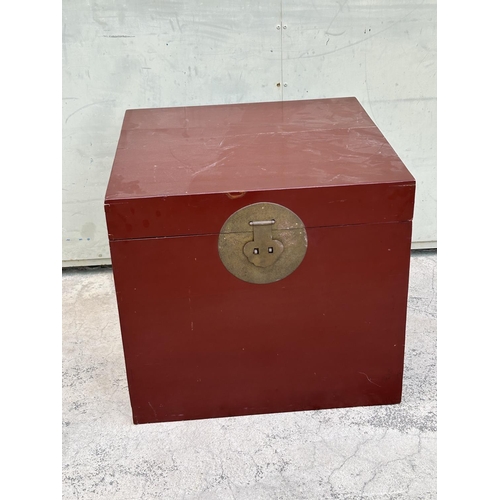 31 - Large Vintage Chinese Square Wooden Trunk / Side Table with Metal Mounted and Rising Lid (60 x 60 x ... 