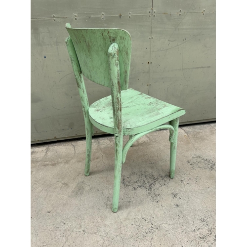 72 - Vintage Light Green Distressed Painted Wooden Bistro Chair