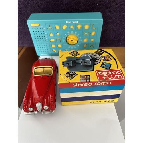 95 - x3 Vintage Toys, Burago Jaguar XK 120 1948 Model Car on Scale 1:24, Time Shock Game and Stereo-Rama ... 