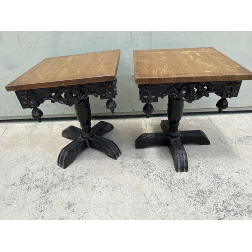 67 - x2 Small Marble Top Hand Crafted Wooden Side Tables (Need Attention)