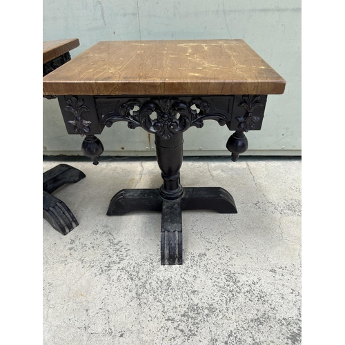 67 - x2 Small Marble Top Hand Crafted Wooden Side Tables (Need Attention)