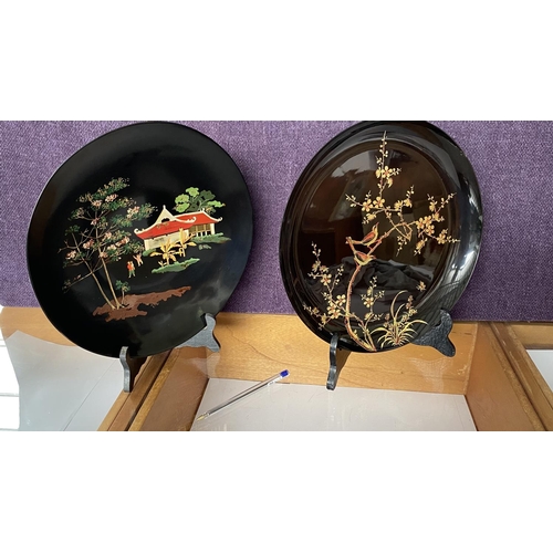 115 - x2 Oriental Lacquered Hand Painted Decorative Plates Stamped at The Back