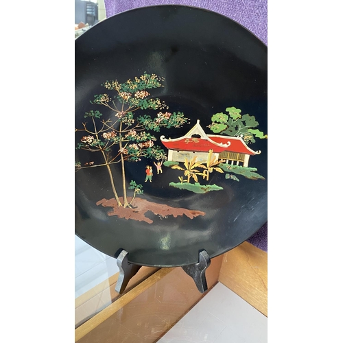 115 - x2 Oriental Lacquered Hand Painted Decorative Plates Stamped at The Back