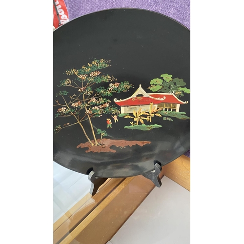 115 - x2 Oriental Lacquered Hand Painted Decorative Plates Stamped at The Back