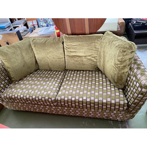 613 - Large 2-Seat Sofa Freshly Upholstered in Checkered Velour Fabric with Extra Covers