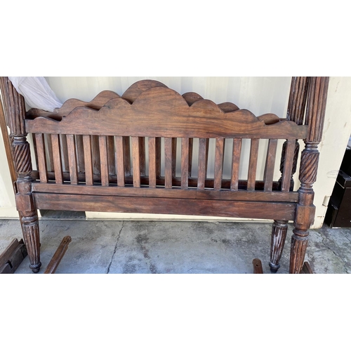 625 - Antique Style Double Solid Wood Poster Bed with Carvings (A/F - Needs Attention)