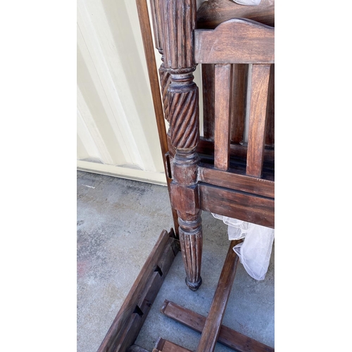 625 - Antique Style Double Solid Wood Poster Bed with Carvings (A/F - Needs Attention)