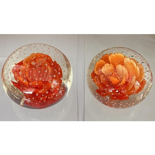 75 - x2 Glass Rose Controlled Bubbles Paper Weights