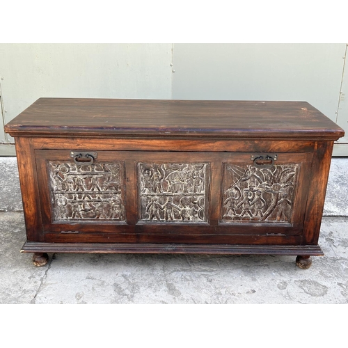 70 - Antique Style Chest/Trunk with Carvings (118 W. x 45 D. x 61cm H.)