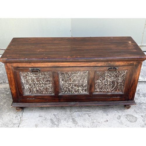 70 - Antique Style Chest/Trunk with Carvings (118 W. x 45 D. x 61cm H.)