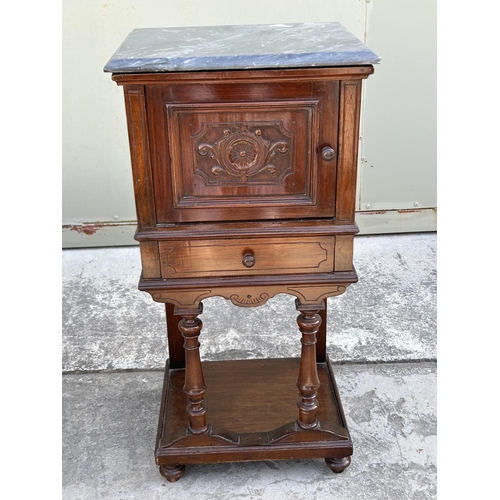 73 - Antique Marble Top Side Table/Cabinet with Carvings and Drawer (Marble Glued as in Picture - 43 W. x... 