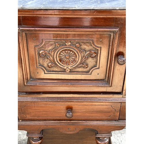 73 - Antique Marble Top Side Table/Cabinet with Carvings and Drawer (Marble Glued as in Picture - 43 W. x... 