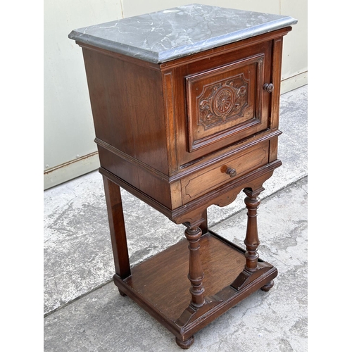 73 - Antique Marble Top Side Table/Cabinet with Carvings and Drawer (Marble Glued as in Picture - 43 W. x... 