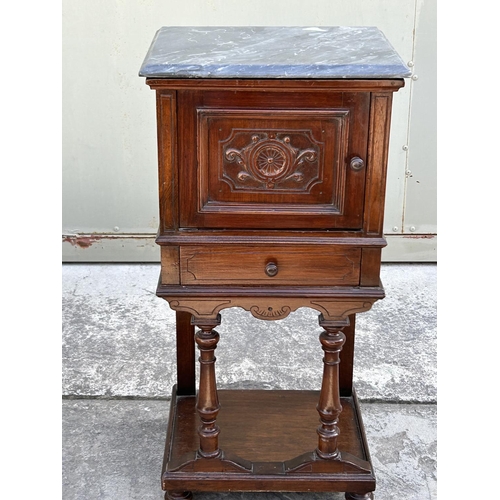 73 - Antique Marble Top Side Table/Cabinet with Carvings and Drawer (Marble Glued as in Picture - 43 W. x... 