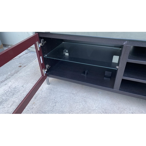 186 - 'Ikea Glassvik' Large Wooden Black Glass Top TV Console (180 W. x 41 D. x 49cm H.)