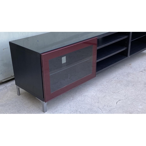 186 - 'Ikea Glassvik' Large Wooden Black Glass Top TV Console (180 W. x 41 D. x 49cm H.)