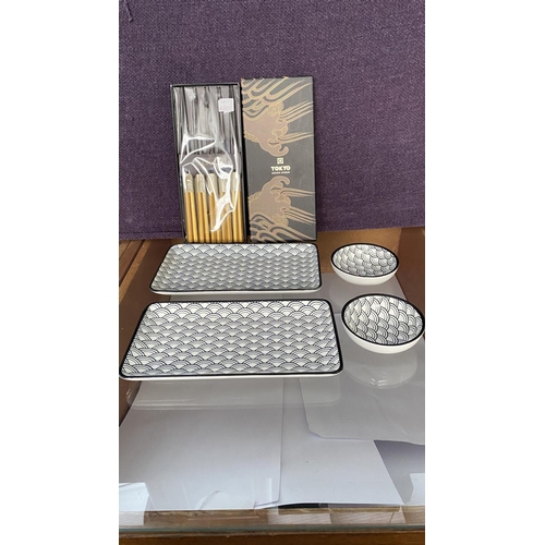 19 - Japanese Waves Pattern Black and White Sushi Plates Together with 5 Pairs of Design Studio Chopstick... 