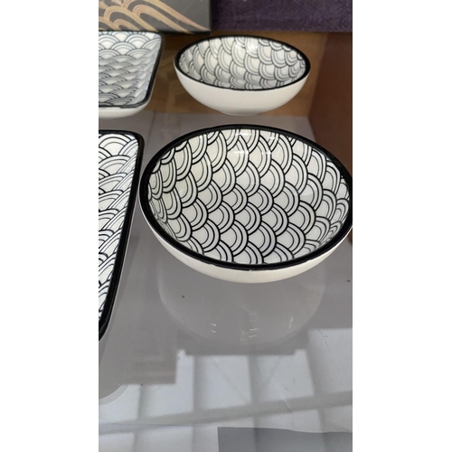 19 - Japanese Waves Pattern Black and White Sushi Plates Together with 5 Pairs of Design Studio Chopstick... 