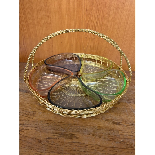 65 - Gold Plated Wire Tray with Handles and Glass Nuts  Dishes