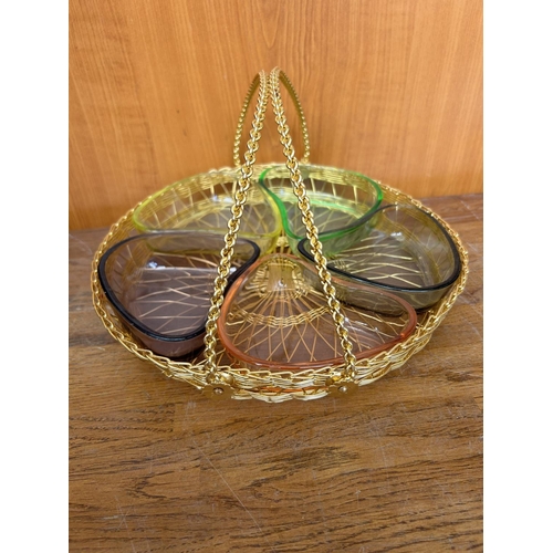 65 - Gold Plated Wire Tray with Handles and Glass Nuts  Dishes