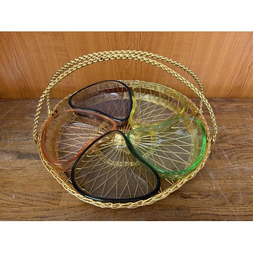 65 - Gold Plated Wire Tray with Handles and Glass Nuts  Dishes