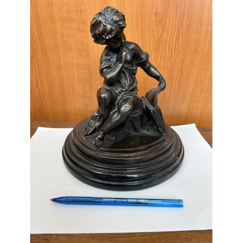 95 - Auguste Moreau Paris Bronze Figurine of Boy on Wooden Base