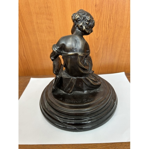 95 - Auguste Moreau Paris Bronze Figurine of Boy on Wooden Base